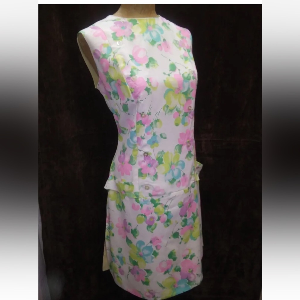 Vintage 1960's White Pink Blue Green Rayon Mod Shift Dress Size M/L